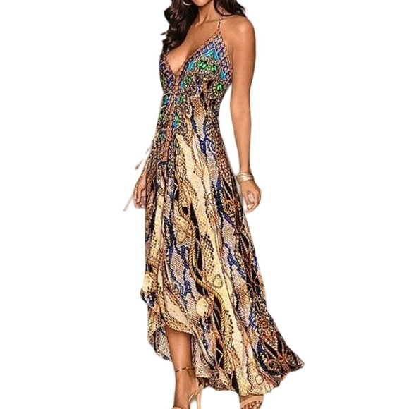 VENUS • Colorful Hi-Low Backless Multicolor Neck Tie V-Neck Dress - Picture 1 of 12